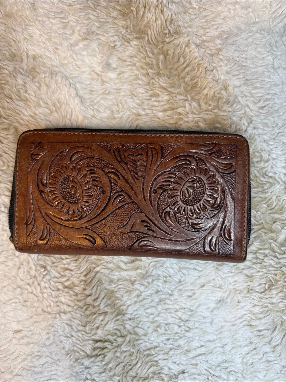 Hand-Tooled Brown Leather Zip Wallet